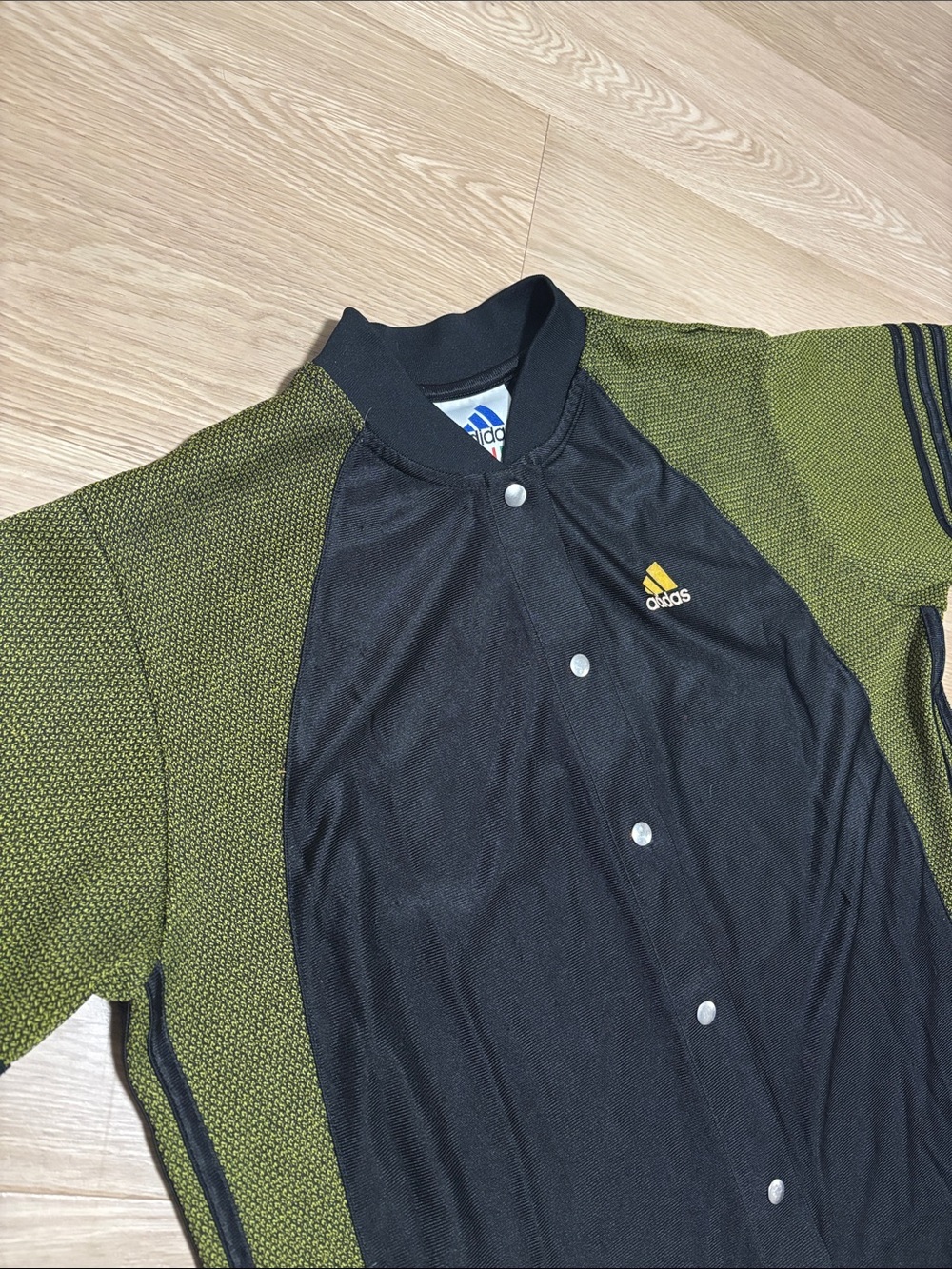 Vintage (S) 90s Adidas Colour-Block 3-Stripe Shirt Jacket Yellow Black Heathered - Picture 3 of 16